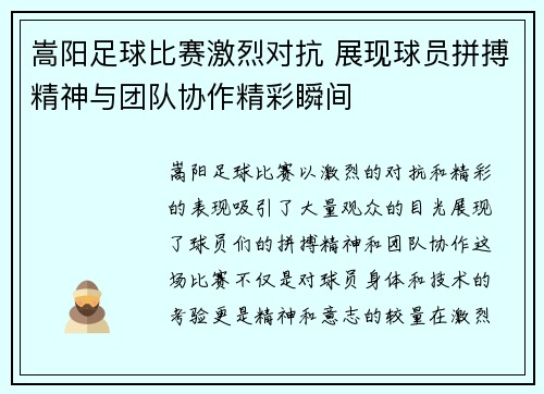 嵩阳足球比赛激烈对抗 展现球员拼搏精神与团队协作精彩瞬间