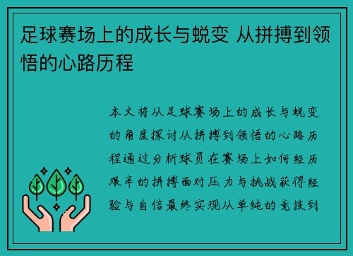 足球赛场上的成长与蜕变 从拼搏到领悟的心路历程