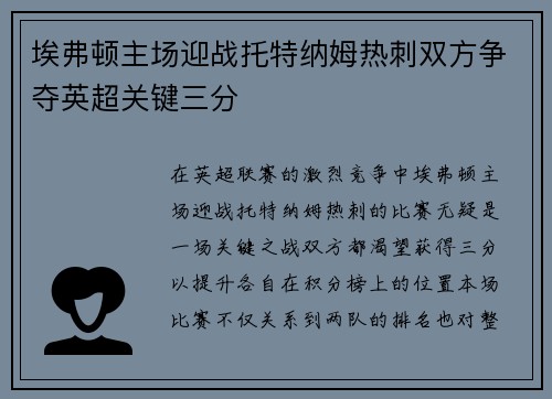 埃弗顿主场迎战托特纳姆热刺双方争夺英超关键三分