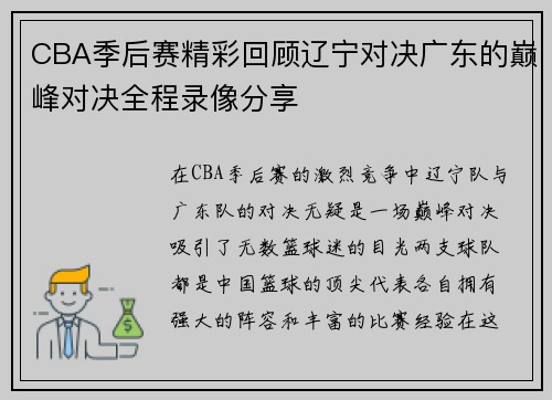 CBA季后赛精彩回顾辽宁对决广东的巅峰对决全程录像分享