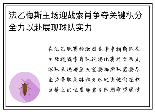 法乙梅斯主场迎战索肖争夺关键积分全力以赴展现球队实力