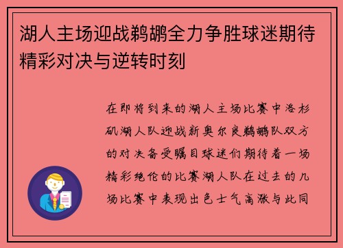 湖人主场迎战鹈鹕全力争胜球迷期待精彩对决与逆转时刻