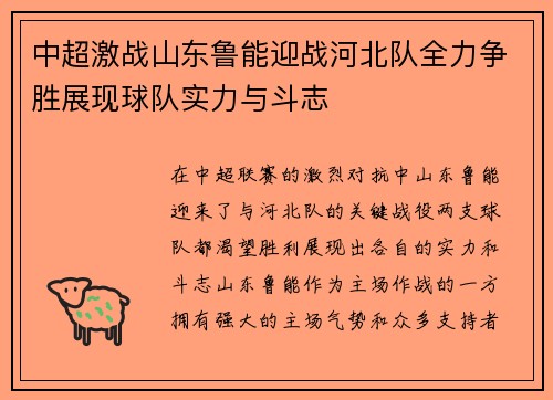中超激战山东鲁能迎战河北队全力争胜展现球队实力与斗志
