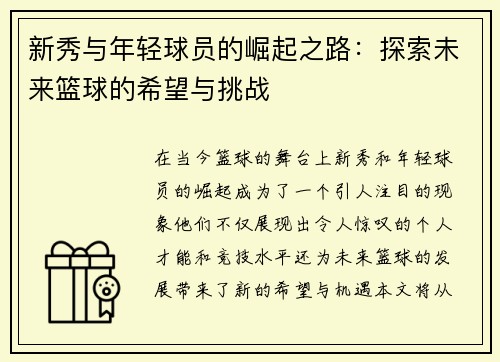 新秀与年轻球员的崛起之路：探索未来篮球的希望与挑战