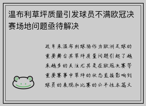 温布利草坪质量引发球员不满欧冠决赛场地问题亟待解决