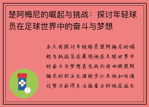 楚阿梅尼的崛起与挑战：探讨年轻球员在足球世界中的奋斗与梦想